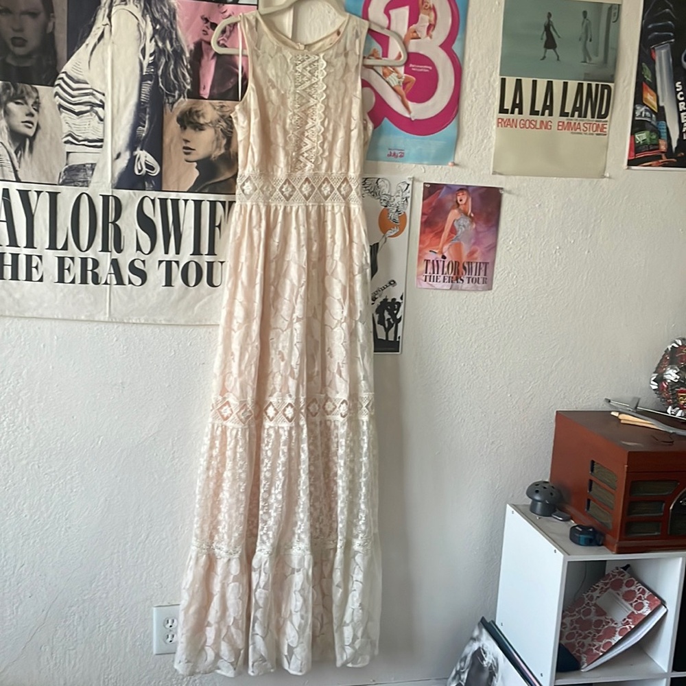 Vintage Champagne and Strawberry White Lace Dress